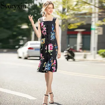 

Svoryxiu Sexy Runway Summer Party Black Mermaid Dresses Women's Fashion Single-Breasted Flower Print Spaghetti Strap Dress