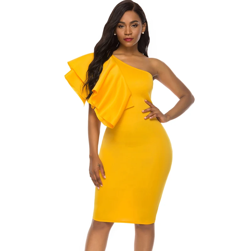 

Yellow Women Party Dress One Shoulder Irregular Ruffles Sexy Dating Dinner Evening Clubwear Slim Bodycon Femme Package Hip Dress