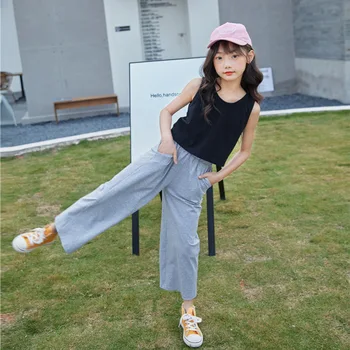 

Girls Summer Clothing Set 2020 Teen Girls New Leisure Vest Shirt and Wide Leg Pants Set Kids Girls Cotton Two Piece Set