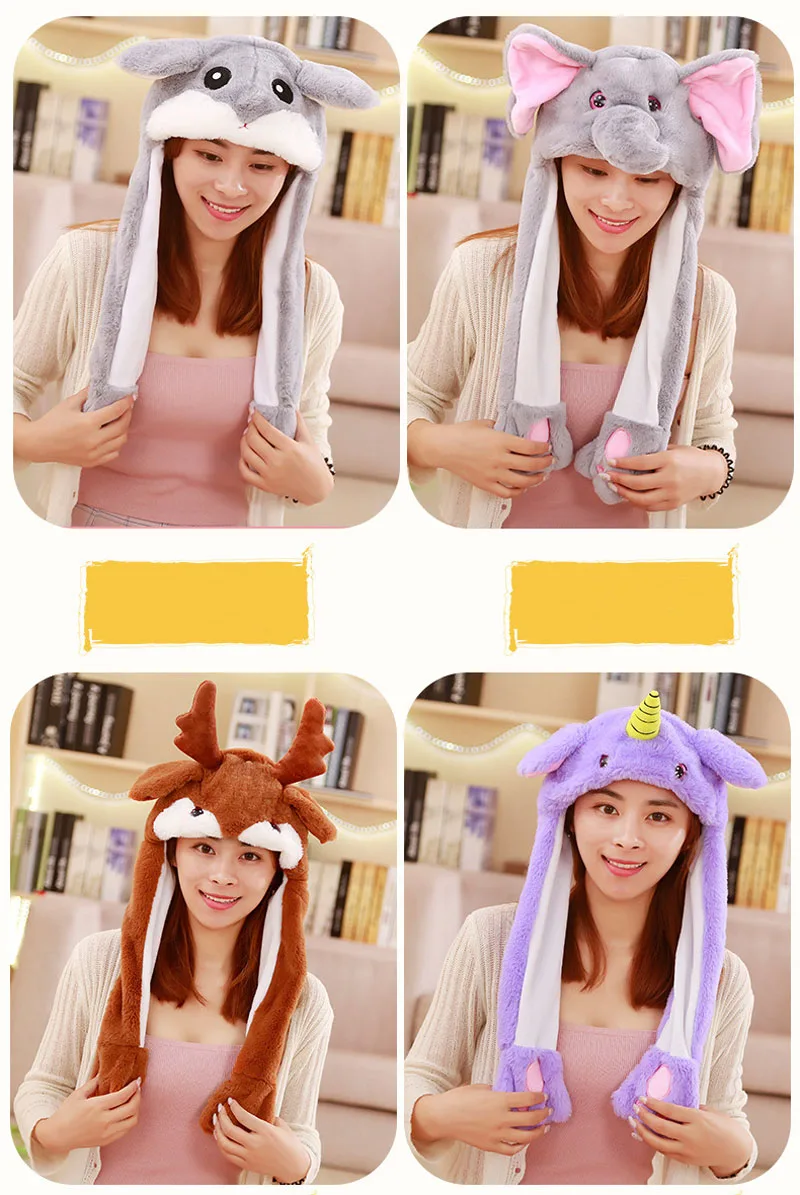 Moving Hat Rabbit Ear Plush Toy Airbag Cap Stitch Pikachu Lighted Hat Kid Gift Mickey Minnie mouse Doraemon Doll Cosplay Hat