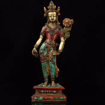 

Tibetan Standing Tantra Statue Copper hand-made inlaid bead depicting gold Buddha Statue For Collection&Gift Home Decoration