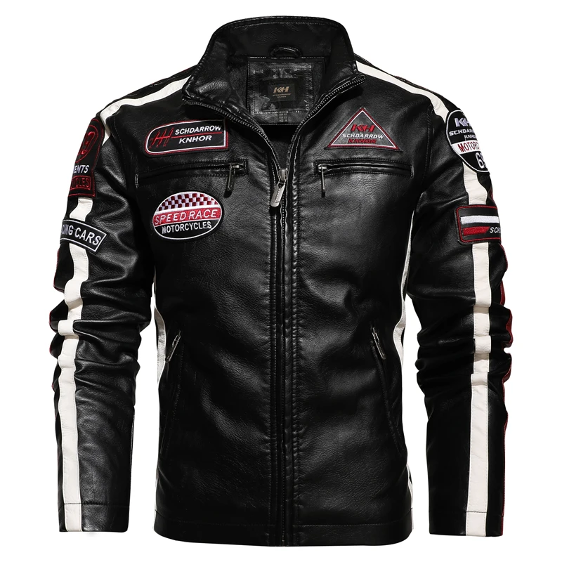 

Autumn Winter Large Size Men's PU Leather Jacket Motorcycle Racing Suit Color Block Patchwork Plus Velvet Leather Jacket Men 4XL