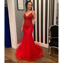 Красные длинные платья для выпускного вечера Великолепное вечернее платье в пол с v-образным вырезом на тонких бретелях из органзы с кристаллами CP362