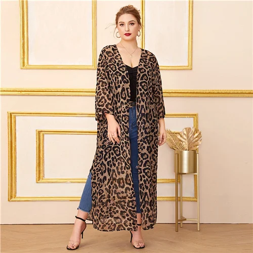 SHEIN Плюс Размер Многоцветный Сплит Сторона шифон Леопардовый принт кимоно для женщин лето осень длинный рукав Повседневная Длинная кимоно - Цвет: Многоцветный