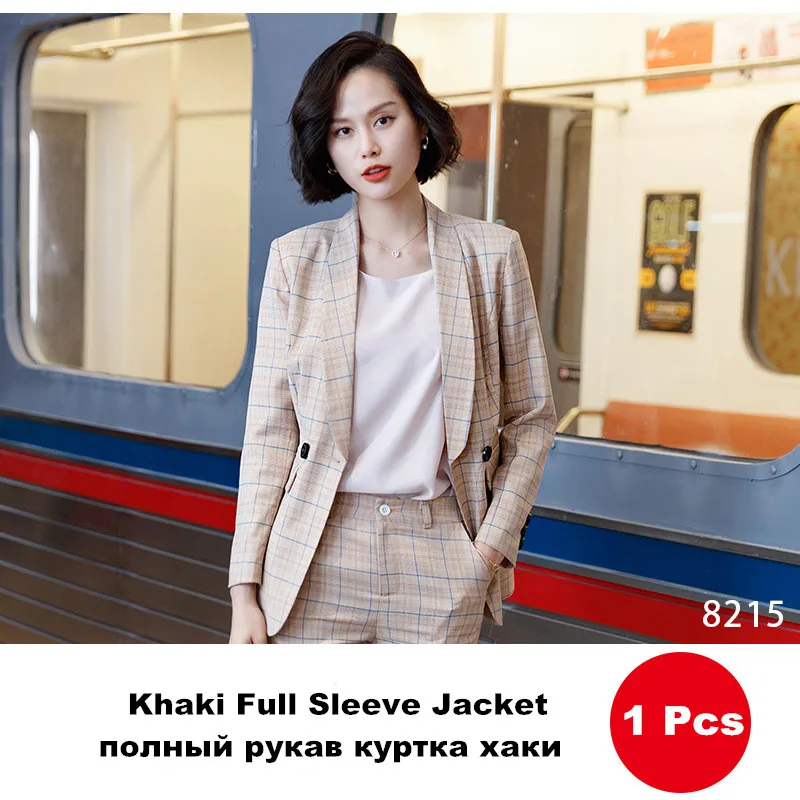 khaki full sleeve Женский костюм, комплект из 2 предметов, офисные брюки, костюм, женский серый клетчатый блейзер с длинными рукавами, пиджак+ длинные штаны, костюм для женщин 808216-b - Цвет: khaki full sleeve