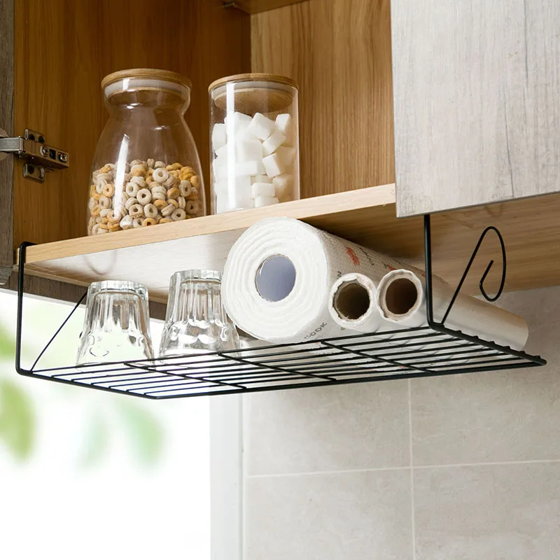 

Under Cupboard Iron Storage Shelf Mesh Basket Kitchen Chopping Block Rack Towel Holder Cup Drain Rack Compartment Hanging Basket