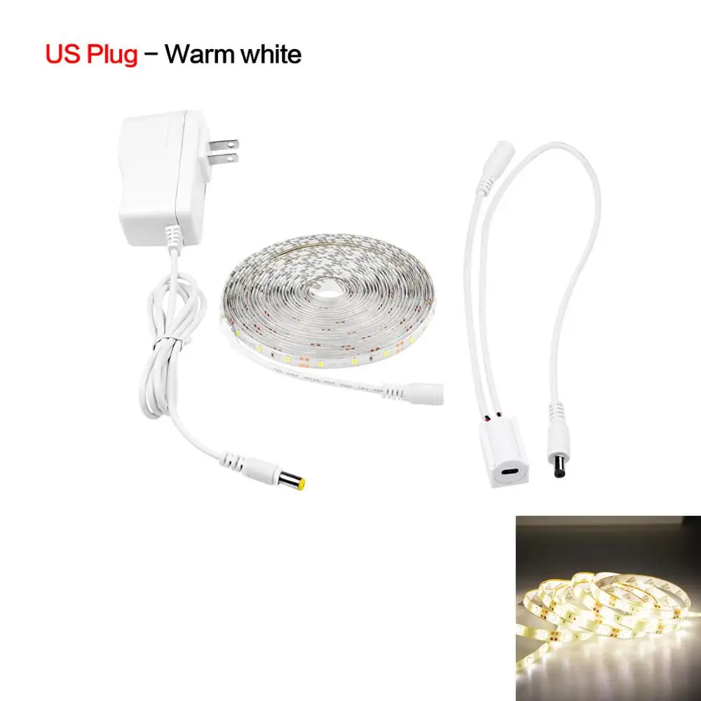 Warm White US Plug Светодиодный ленточный светильник 1 м, 2 м, 3 м, 4 м, 5 м, светодиодный ленточный светильник с питанием от ЕС и США, кухонный светильник для шкафа, лампа для внутреннего освещения - Испускаемый цвет: Warm White US Plug