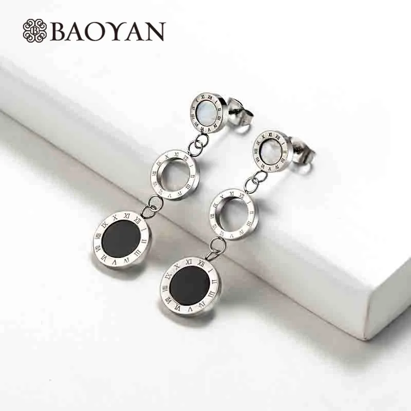 

Baoyan Unique Stainless Steel Drop Earrings Gold/Silver Roman Numerals Long Earrings Natural White Shell Earrings For Women 2019
