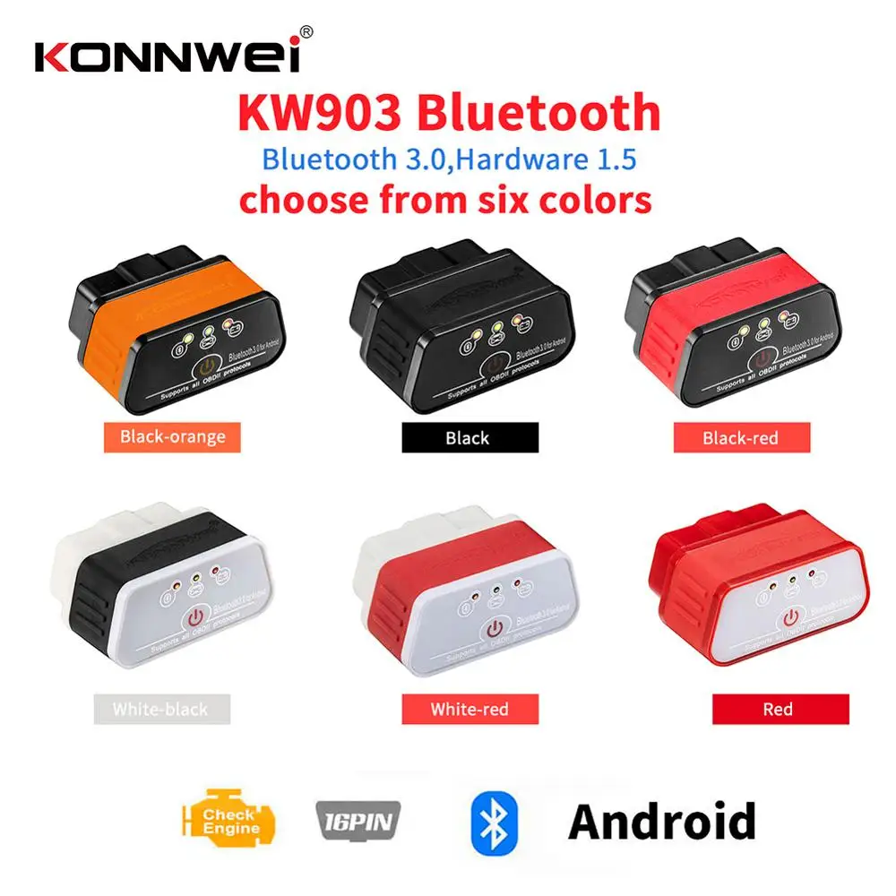 

KONNWEI KW903 Bluetooth OBD 2 Diagnostic Tool ELM327 V1.5 OBD2 Scanner PIC18F25K80ELM 327 Code Reader Car Scanner
