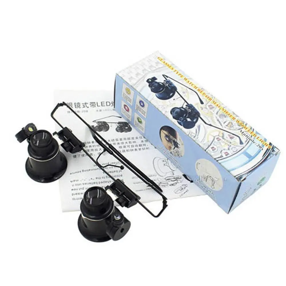 Realmote 20X LED Double Eye Repair Magnifier Glasses Mini Loupe Lens Magnifying With Light Watch Microscope Measurement Tools