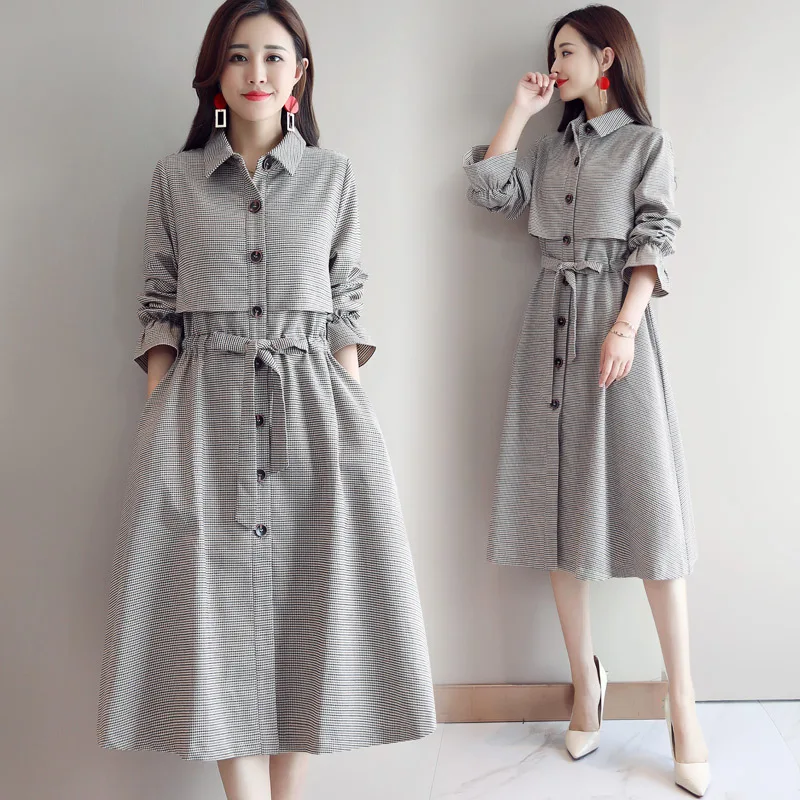 

2019 Spring And Autumn New Style WOMEN'S Dress Korean-style Slim Fit Mid-length Casual Early Autumn Plaid Skirt Fashion Long-sle