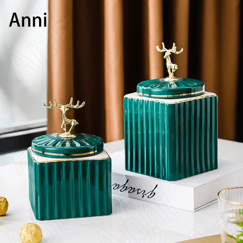 

Gilded Deer Ceramic Storage Jars with Lid Nordic Modern Green Stripes Decorative Sealed Nut Snacks Jar Living Room Decoration