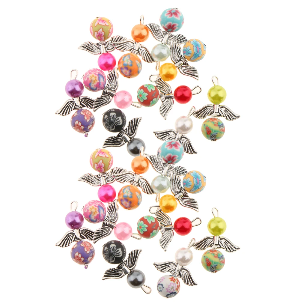 20 Pcs Tibetan silver color Angel Wing Pearl Polymer Clay Beads DIY Dangle Pendants Earrings Bracelets Necklaces Chokers