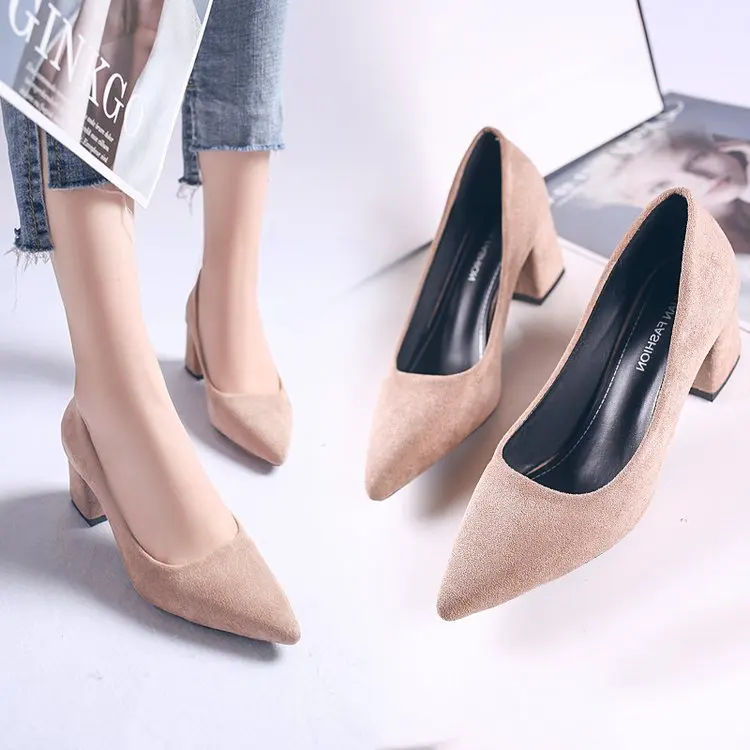 

WOMEN'S Shoes 2019 Spring New Style Black And White with Pattern Chunky Heel Pointed High Heel Shoes Suede Low-Cut Commuting Sem