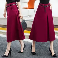 Юбка до середины голени; Сезон Зима; Длинная юбка в складку; Однотонная юбка с завышенной талией; темперамент; Грация