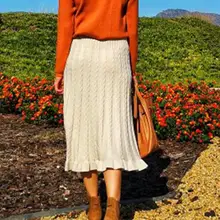 Новинка, женские зимние вязаные юбки, повседневные, эластичные, высокая талия, толстые, теплые, вязаные, миди юбки, скрученные, с оборками, Осенние юбки