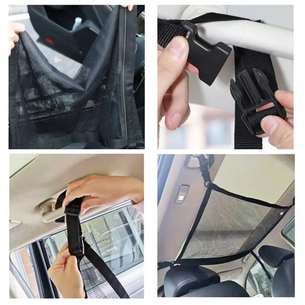자동차 천장 보관 그물 포켓 지퍼 조절 가능한 드로스트링, 천장 화물 그물 가방 보관 정리함, 자동차 인테리어 액세서리