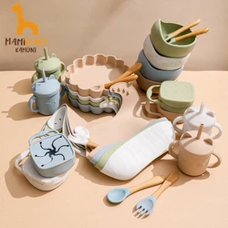 7Pcs Baby Feeding Tableware Set Silicone Snack Cup With Lid BPA Free Baby Bib Water Cup Dinner Plate Baby Waterproof Accessories