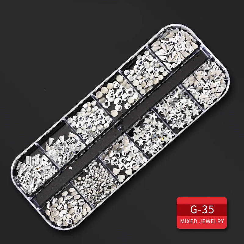 G35 1 коробка, новинка, разноцветные Стразы для ногтей, 3D, Кристальные, AB, прозрачные камни для ногтей, драгоценные камни, жемчуг, сделай сам, украшения для ногтей, золотые, серебряные, с заклепками, Rhin - Цвет: G35
