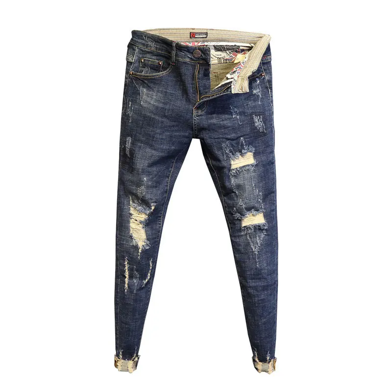 Pantalones de cintura baja sin planchar para hombre, Vaqueros rasgados hasta el tobillo, con bordes rasgados, para Primavera, venta al por mayor, 2020