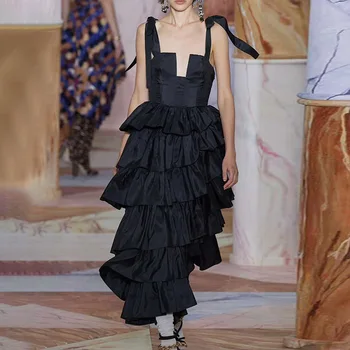 

Runway Designers Layer Ruffles Long Dress Women 2020 Summer Elegant Printed Irregular Midi Party Dress