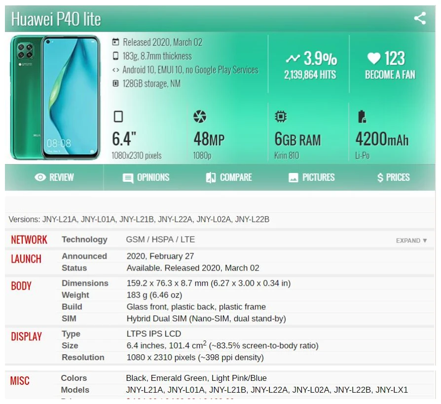 Huawei P40 Lite - Full Specifications