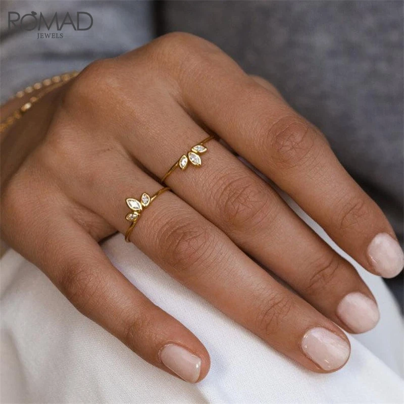 

ROMAD Dainty CZ Crystal Engagement Wedding Rings for Women 925 Sterling Silver Thin Finger Ring Gold Marquise Zircon Rings R50