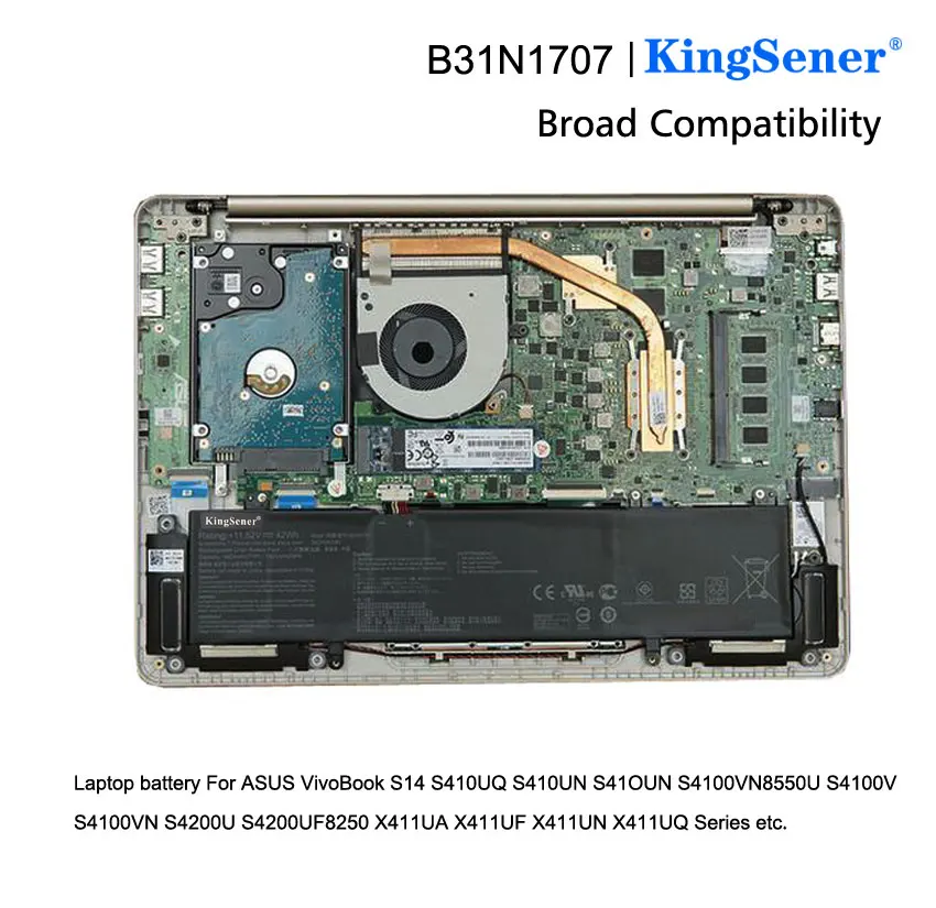 Kingsener B31N1707 Аккумулятор для ноутбука ASUS VivoBook S14 S410UQ S410UN S41OUN S4100V S4100VN S4200U X411UA X411UF X411UN