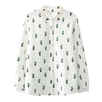 

Women Cartoon Cactus Pattern Printed Cotton Blouse Long Sleeve Button Casual Top Shirt Rk