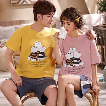 

Pajamas Sets For Women Cartoon Pattern Sleepwear Summer Cotton Thin Short Sleeve Home Wear Man Pijamas Home Suit