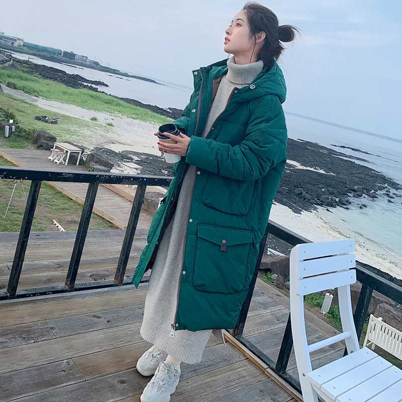 

Photo Shoot 19 Korean-style down Jacket Women's Simple New Style Loose-Fit down Coat Hooded Thick over-the-Knee Cotton Coat Stud