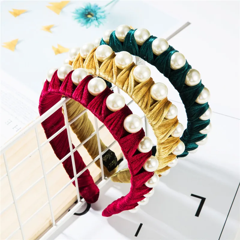 

2019 Fashion Headband European Fashion Solid Color Flannel Single Row Large Imitation Pearl Women's Personality Popular Headband