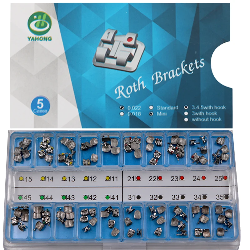 NSKLED 100pcs/box Dental Orthodontic Brackets Brace Metal Mini Roth/MBT Slot 0.022Hooks 3-4-5 |