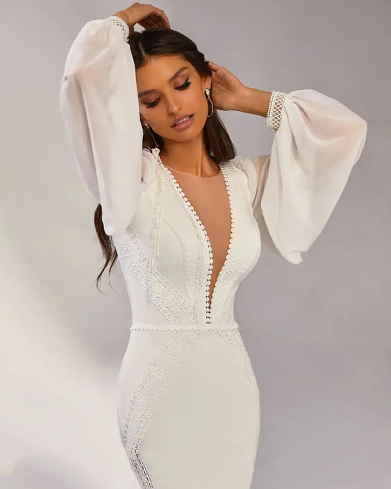 bridal shower dress Elegant Deep V-Neck Mermaid Wedding Dress 2022 Sexy Long Chiffon Sleeves Wedding Gown With Train Backless Vestido De Noiva wedding dress for women