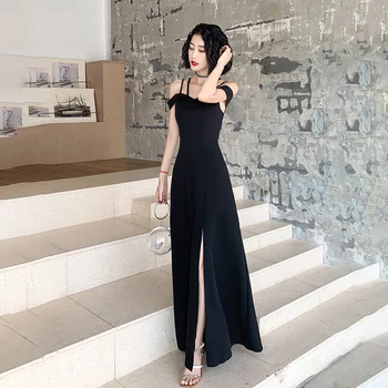 

Sexy Plus Size 3XL Spaghetti Strap Women Prom Dress Exquisite Off Shoulder High Split Black Qipao Cheongsam Elegant Vestidos