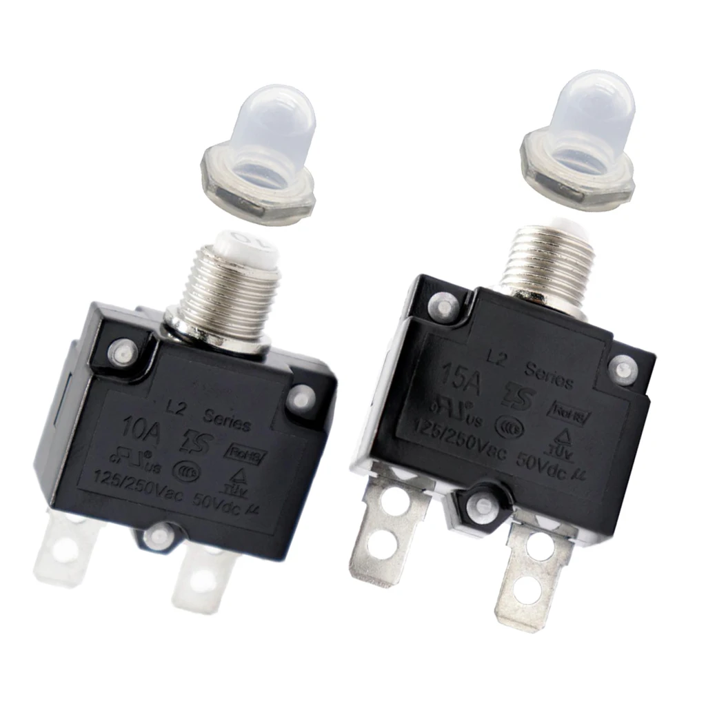 2X 15A/10A Circuit Breaker Overload Protector Switch + Clear Waterproof Cap 