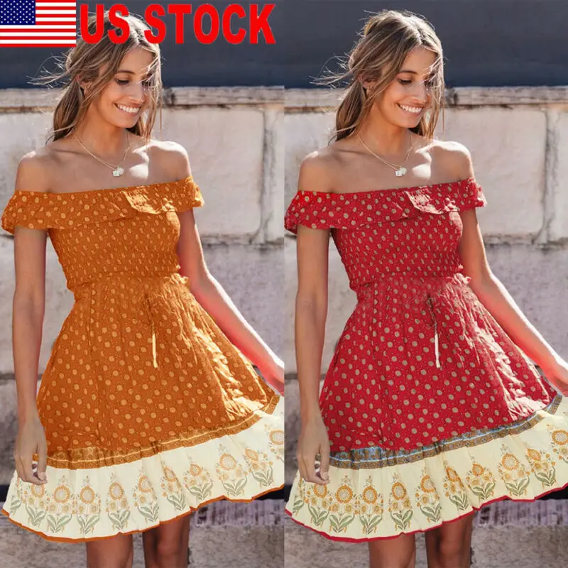 US Women Boho Floral Off Shoulder Chiffon Party Evening Beach Short Sleeve Mini Dress Summer Casual Club Red Black Orange | Женская