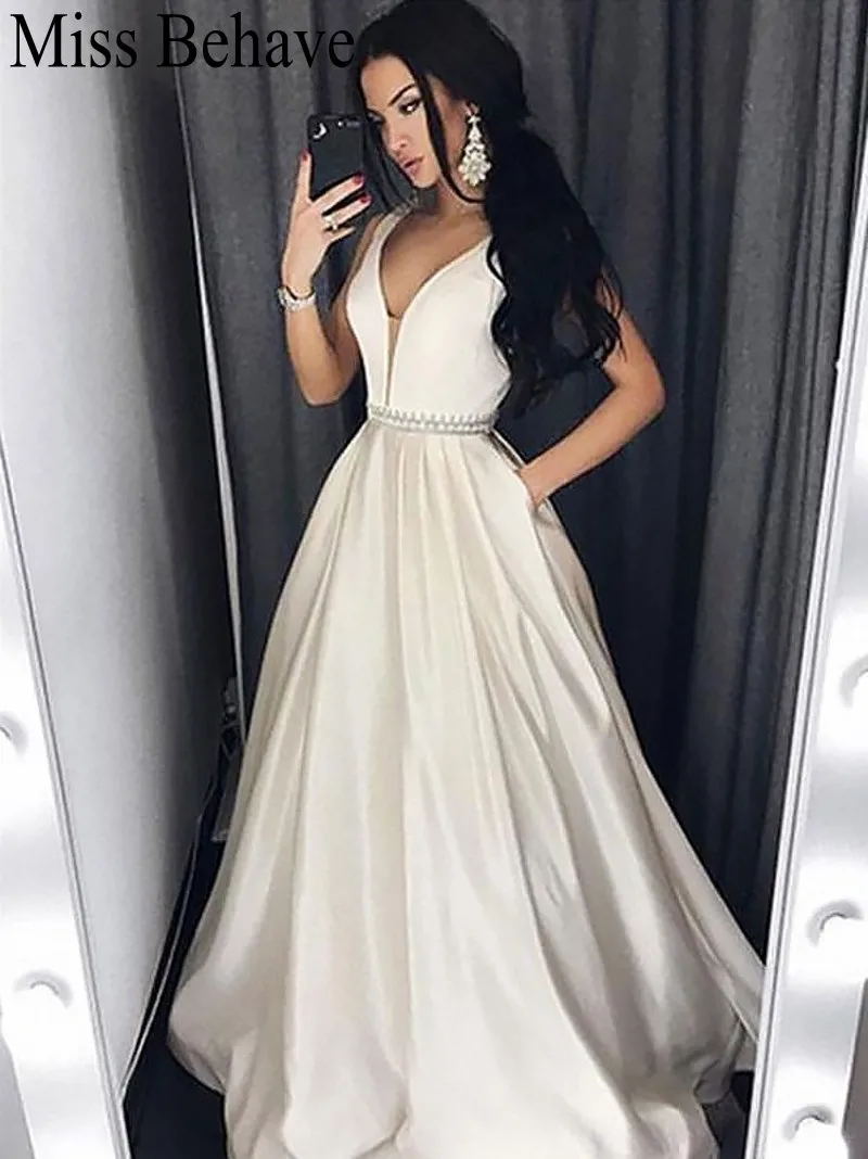 

DD JYOY Occasion Dresses for Women White Evening Dress Long 2019 Deep V Neck with Open Back Elegant Gown Party