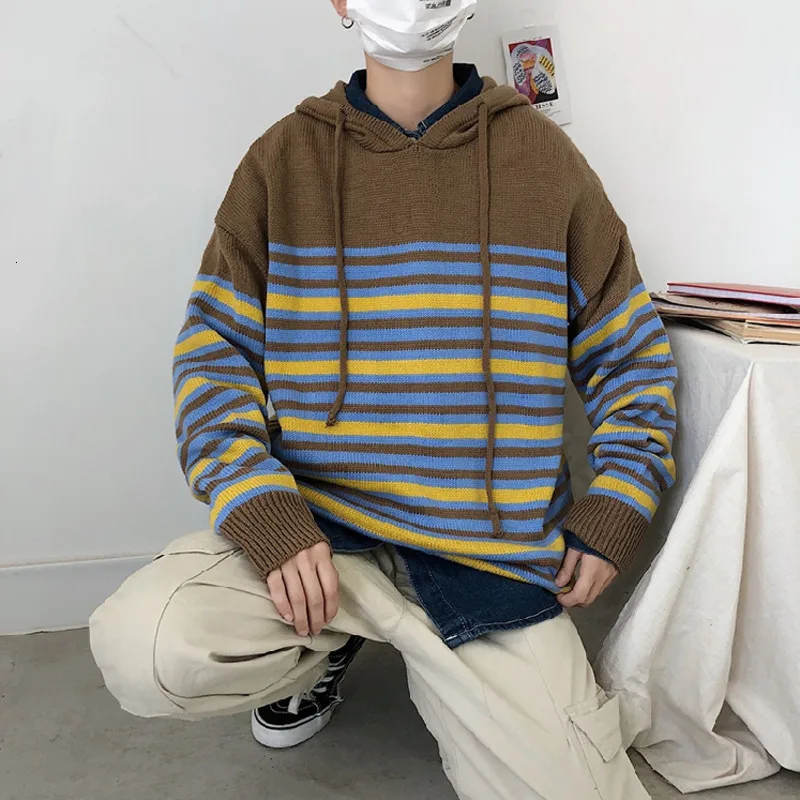 Winter Hooded Sweater Men Warm Fashion Contrast Color Casual Knit Sweaters Man Pullover Men Long Sleeve Striped Sweter Clothes