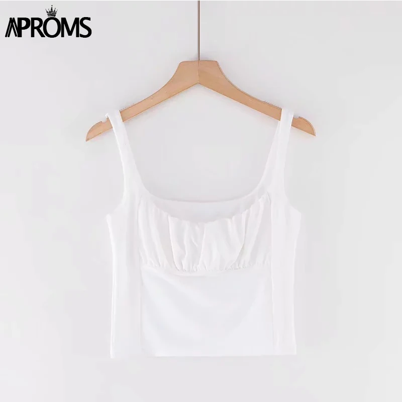 Aproms, яркие цвета, Топики, уличная одежда, женские летние плиссированные топы с рюшами, Короткие топы на бретелях, 90 s, крутые, для девушек, сексуальные, тонкие, кроп-топы, футболки - Цвет: Белый