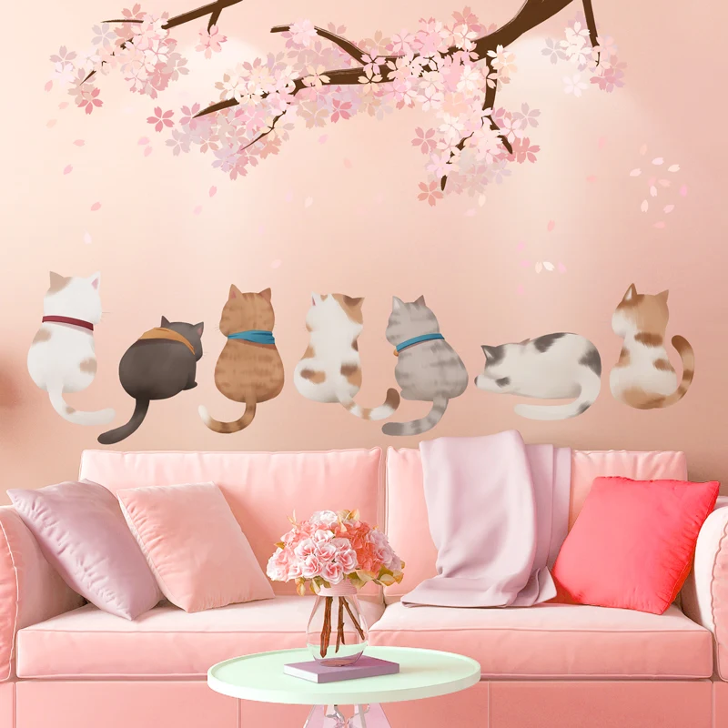 [SHIJUEHEZI] Мультяшные кошки наклейки с животными на стену DIY вишневые Цветы Наклейки