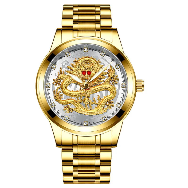 Relogio Masculino модные повседневные часы мужские водонепроницаемые кварцевые наручные часы люксовый бренд красные стразы часы с изображением дракона Мужские - Цвет: gold white