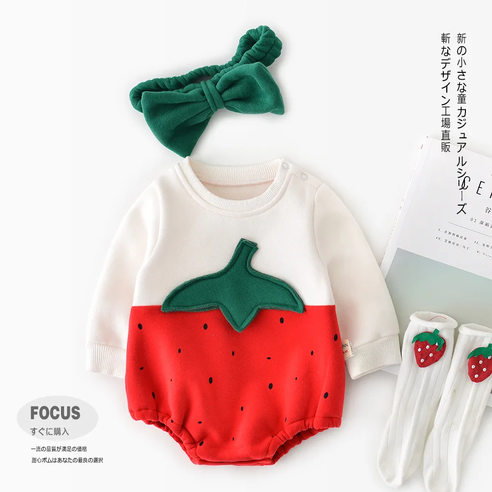 New Uniform Jumpsuit With Headband Newborn Baby Rompers Thickened Three-dimensional Strawberry And Pineapple Pattern