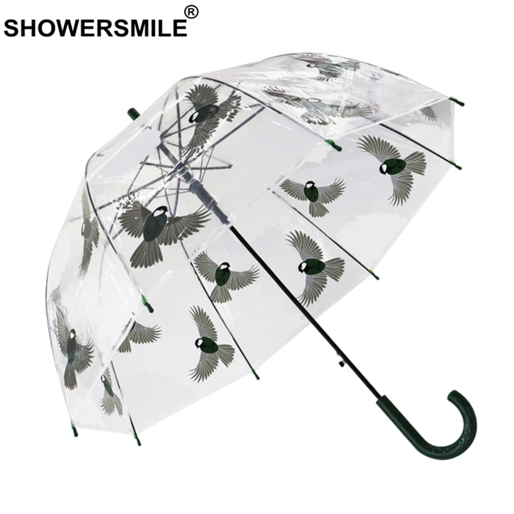 Прозрачный зонт SHOWERSMILE с принтом птиц дождевой для мужчин и женщин длинной ручкой