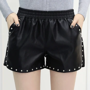 

Rivet Leather Shorts Women 2020 New Summer Korean Style Black PU Short loose Loose High Waist All-Match Leather Trouser Female