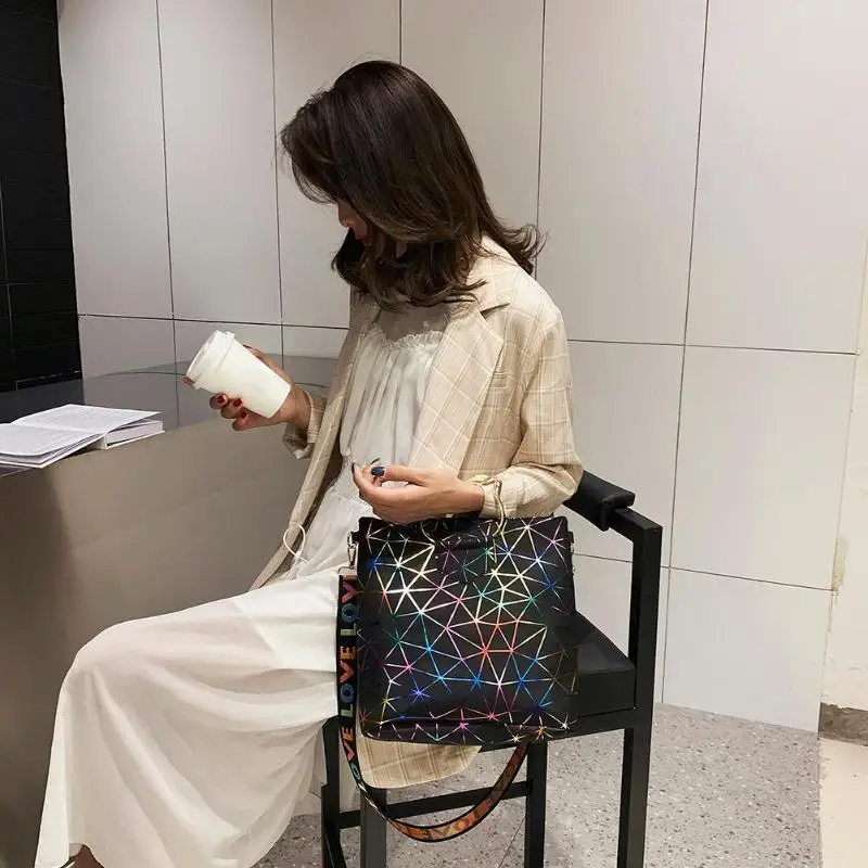 Геометрическая Печать кошка лазерная сумка через плечо женские сумки из искусственной кожи большой емкости через плечо хозяйственная сумка для женщин