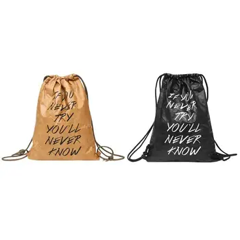 

Retro Women Kraft Drawstring Backpacks Letters Printed Casual Shoulder Bags