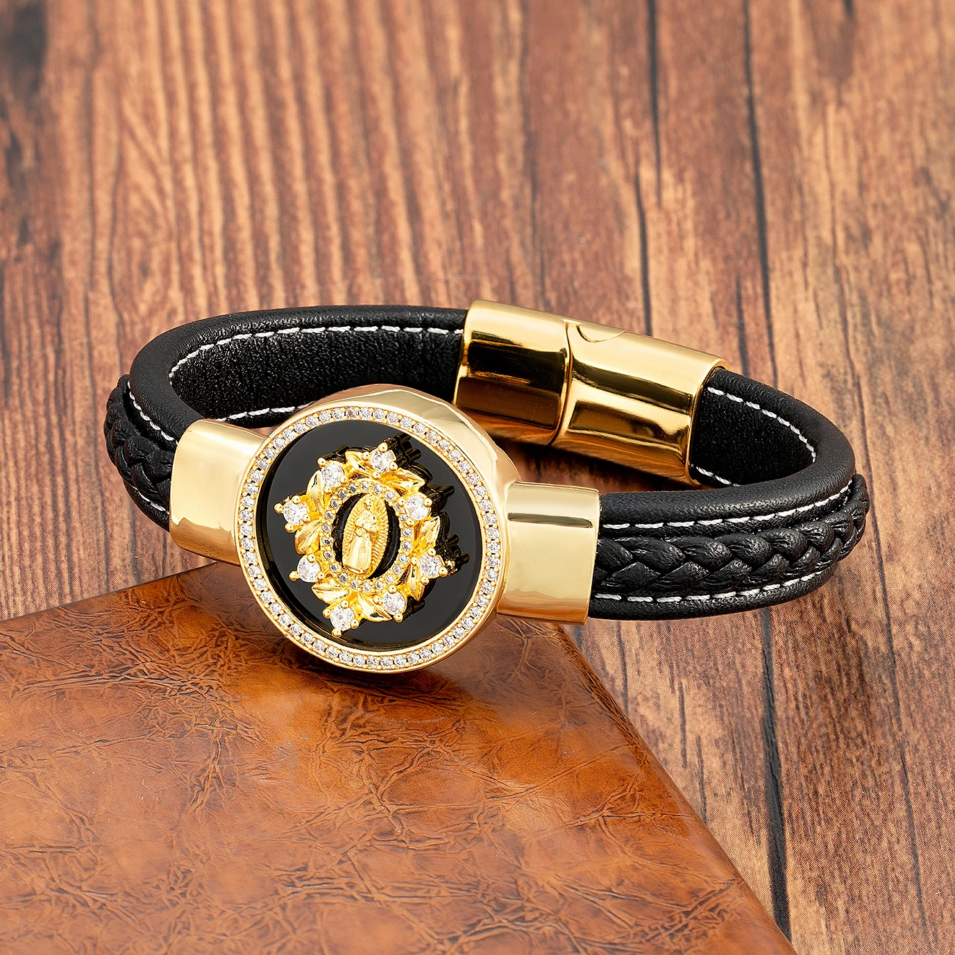 Bracelet Jewelry Jesus Charm Cubic Zirconia Men Bracelet Round Natural Stone Black Leather Bracelets Bangles For Women