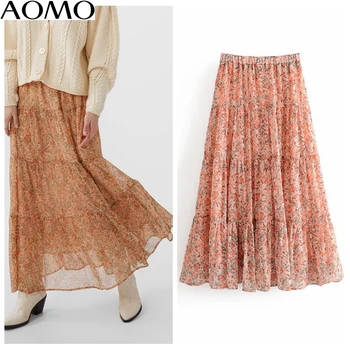 

AOMO women floral pleated midi skirt faldas mujer vintage strethy waist ladies elegant chic chiffon skirts 6A176A