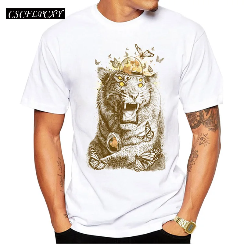 

2019 Men's Fashion Goldfish vs Butterflies T-Shirt Short Sleeve Round Neck Tops Hipster Tiger Printed T Shirts